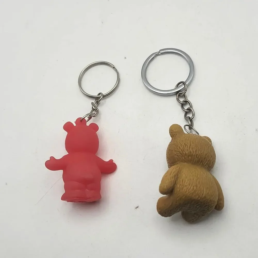 Lot of 2 Teddy Bear Keychain Charms Red Rubber Bear Brown Teddy With White Bow